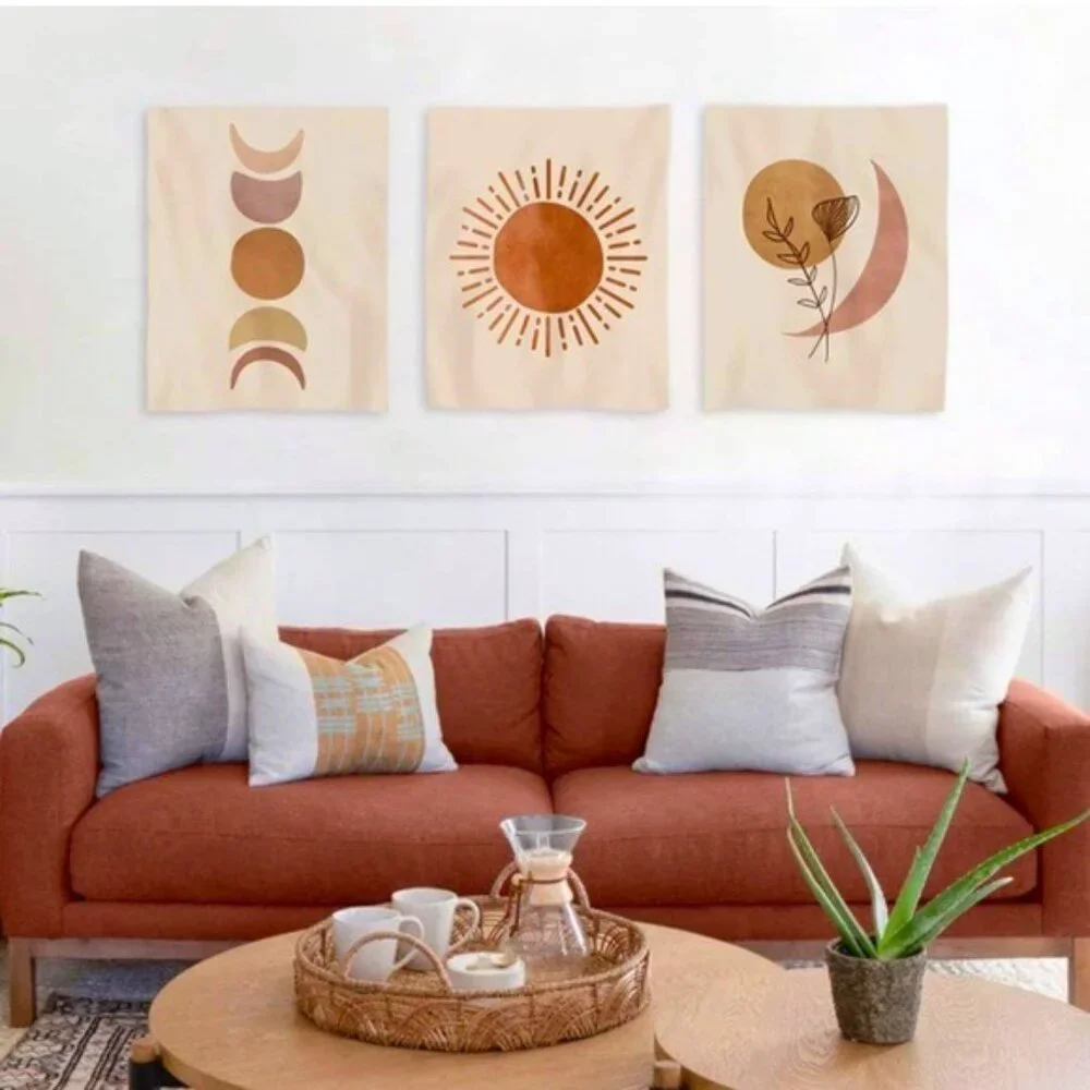 Hippie Set of Floral Moon & Sun Wall Tapestry/Art
